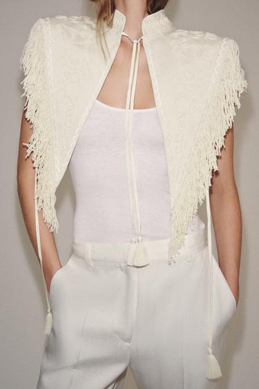 ZW COLLECTION EMBROIDERED FRINGED WAISTCOAT - Ecru by Zara