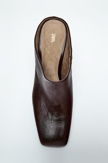 Zara SQUARE TOE LEATHER MULES - Chocolate Brown