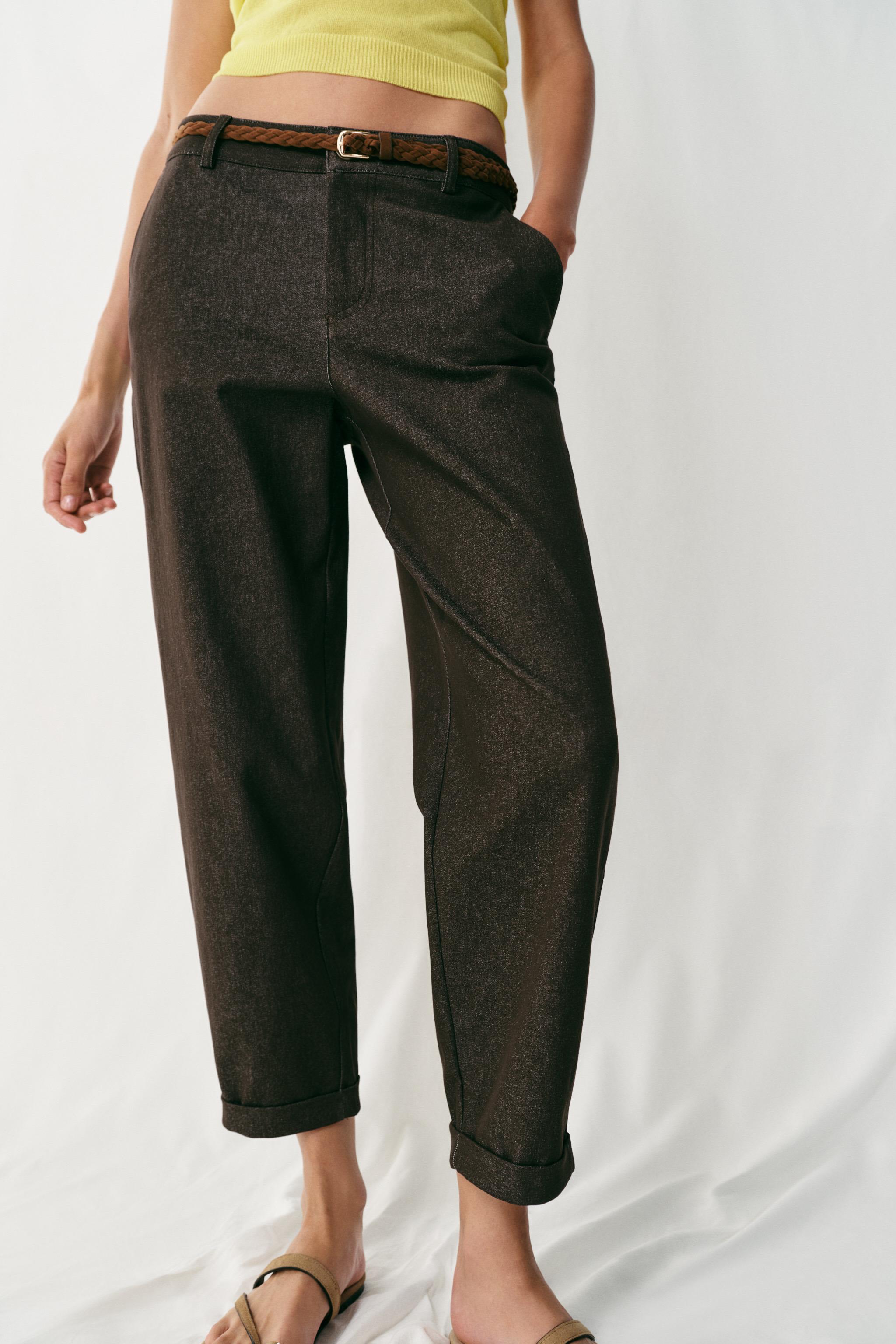 BRAIDED BELT CHINO PANTS — Brown