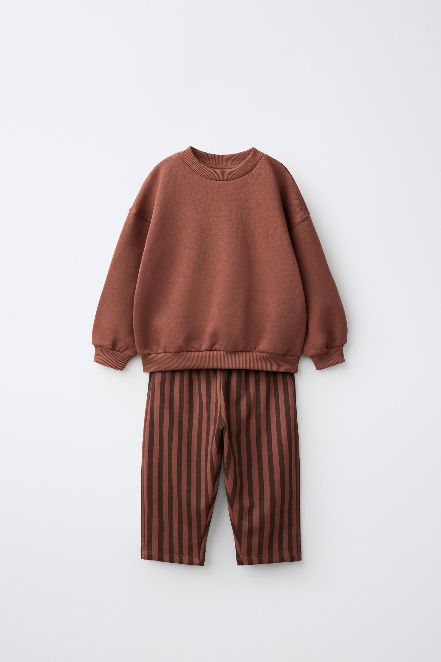 Детский комплект Zara Striped Wide Leg Sweatshirt and Pants Set, цвет: Кирпичный — фото 2