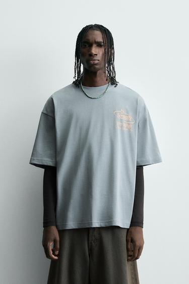WASHED PRINT T-SHIRT - Faded sky blue by Zara