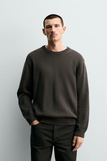 Zara REGULAR FIT COTTON SWEATER - Dark brown