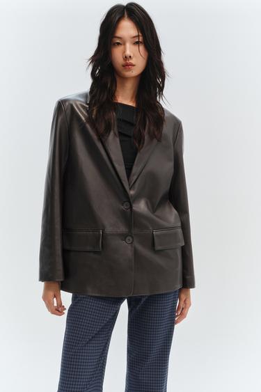 Zara 人造皮直筒西裝外套 - 巧克力色