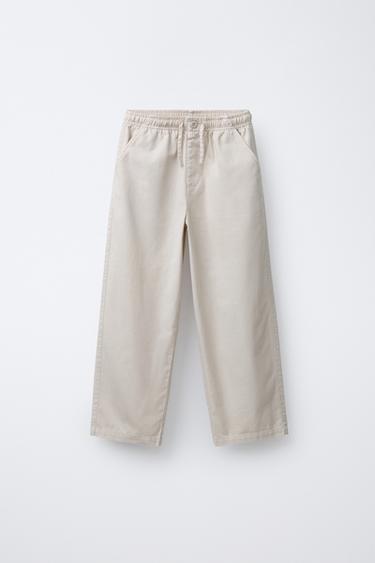 Zara STRAIGHT FIT COTTON AND LINEN PANTS - Sand