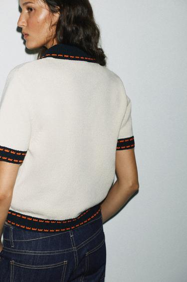 STITCHED KNIT CARDIGAN WITH SHORT SLEEVES - Ecru by Zara - Image 4