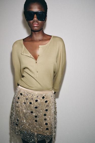 Zara BEADED KNIT MINI SKIRT - Silver