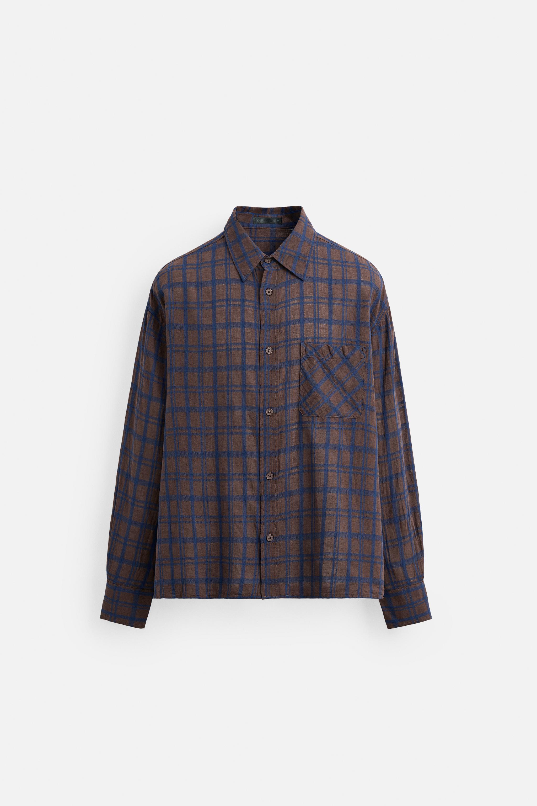 COTTON - LINEN PLAID SHIRT - Brown-Blue | ZARA United States