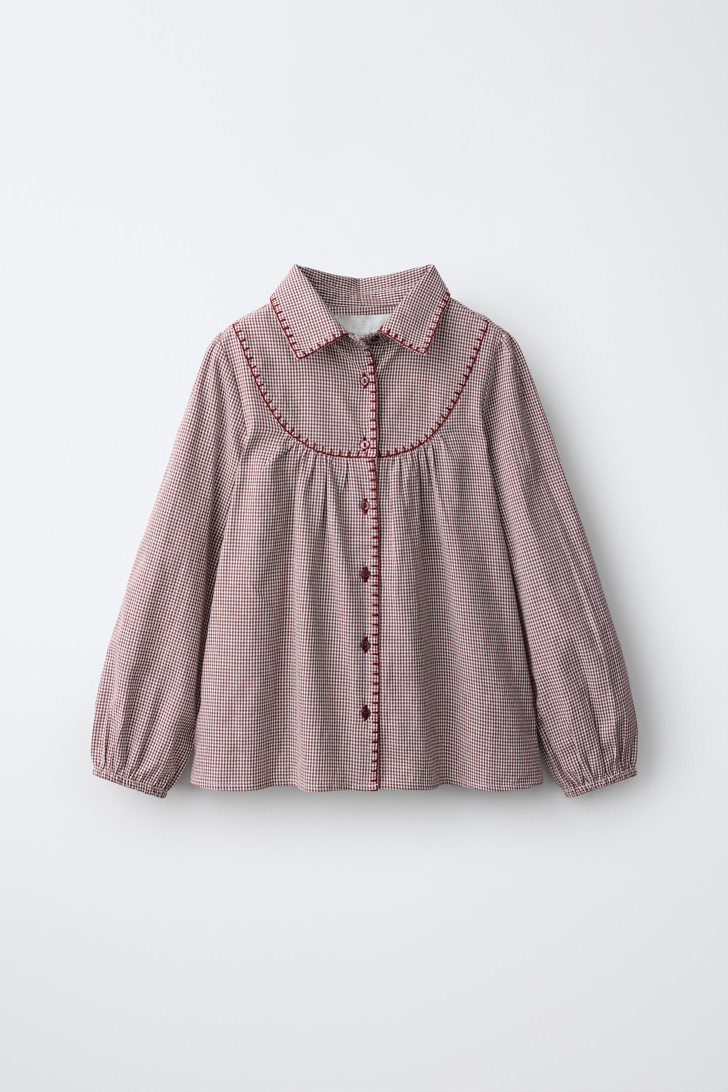 Детская рубашка Zara Check Stitch, цвет: Бордо / Экрю — фото 1