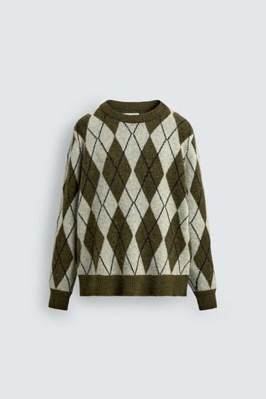Zara DIAMOND JACQUARD SWEATER - Khaki