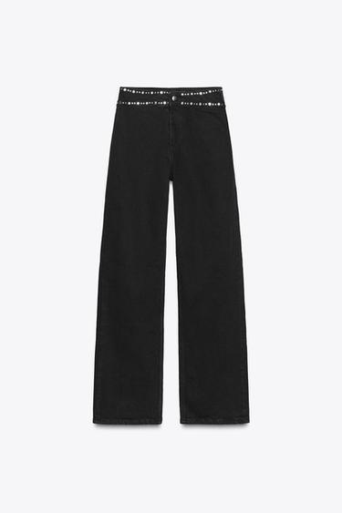 Z1975 HIGH-WAIST STRAIGHT LONG LENGTH JEANS WITH STUDS - Black by Zara
