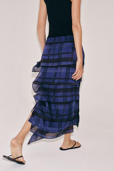 ZW COLLECTION CHECK MIDI SKIRT - Light blue by Zara