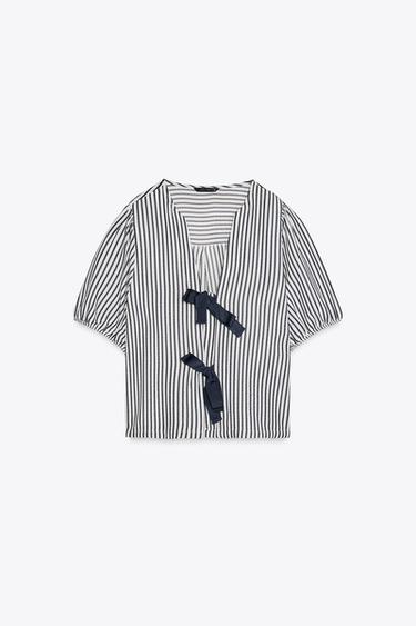 STRIPED BLOUSE WITH TIES - Ecru / Navy by Zara - Image 4