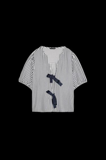 STRIPED BLOUSE WITH TIES - Ecru / Navy by Zara