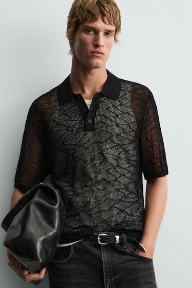 OPENWORK KNIT POLO SHIRT - Black by Zara - Image 4