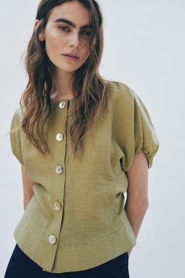 PUFF SLEEVE LINEN BLEND TOP - washed green by Zara - Image 1