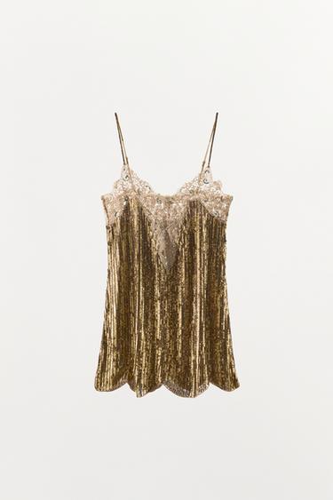 SEQUINNED LACE MINI DRESS - Gold by Zara - Image 4