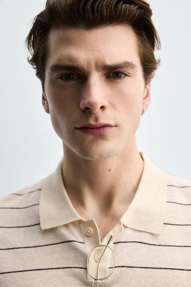 POLO EN MAILLE LIN - COTON À RAYURES - Écru de Zara - Image 4