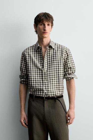 Zara LIMITED EDITION RAMIE - SILK CHECK SHIRT - Mid-green