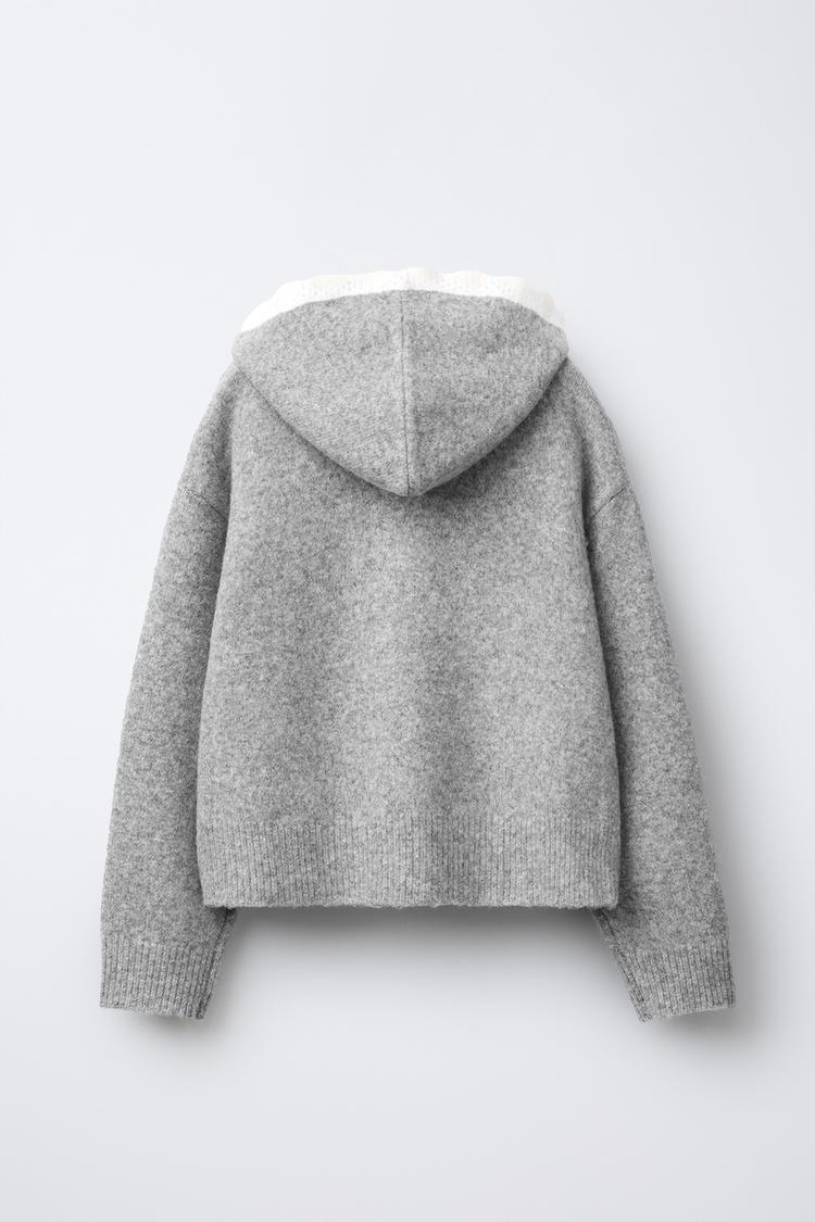 CROCHET TRIM HOODED CARDIGAN