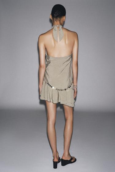 ROBE COURTE HALTER CEINTURE RAYURES - Beige-marron de Zara - Image 4