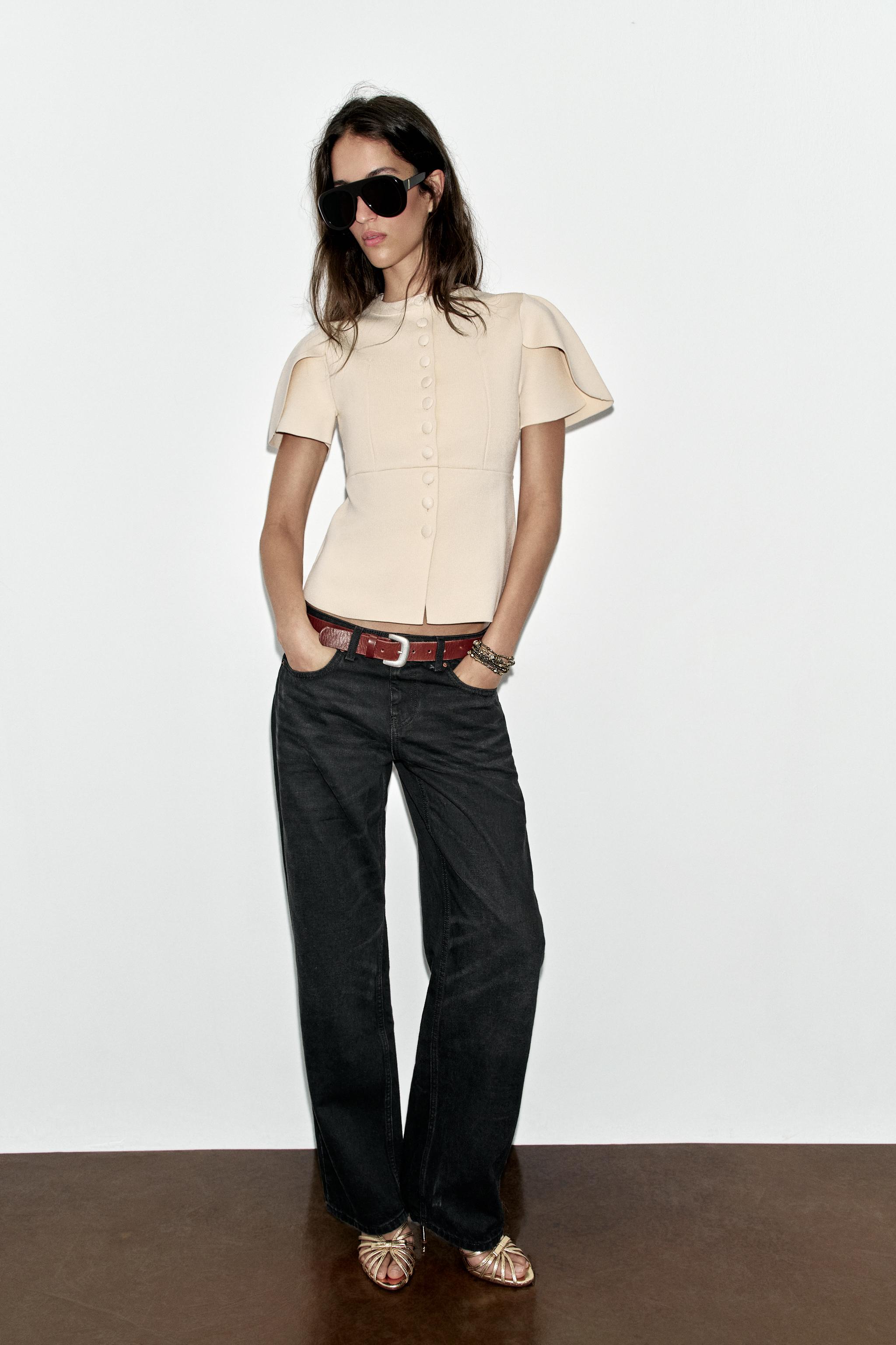 CARDIGAN WITH PUFF SLEEVES AND SLITS — Ecru
