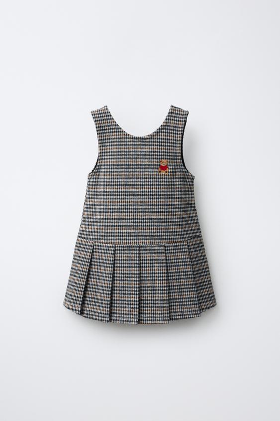 CHECK PINAFORE DRESS WITH PLEATS AND EMBROIDERED BEAR - Brown / Taupe by Zara - Image 0