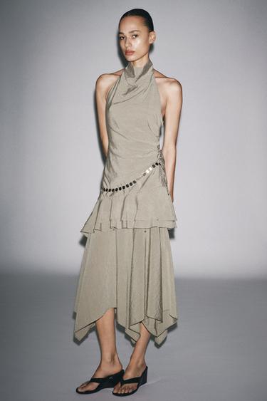 ROBE COURTE HALTER CEINTURE RAYURES - Beige-marron de Zara