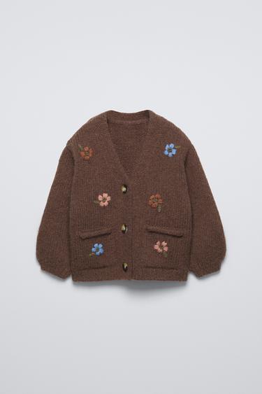 CHAQUETA PUNTO FLORES BORDADAS - Marrón de Zara - Imagen 0