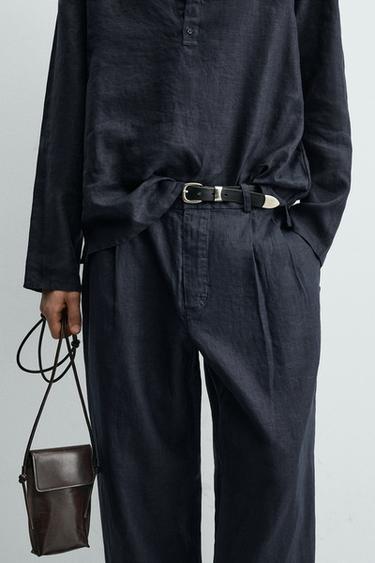 PANTALON COUPE LARGE À PLIS 100% CHANVRE - Bleu marine foncé de Zara - Image 4