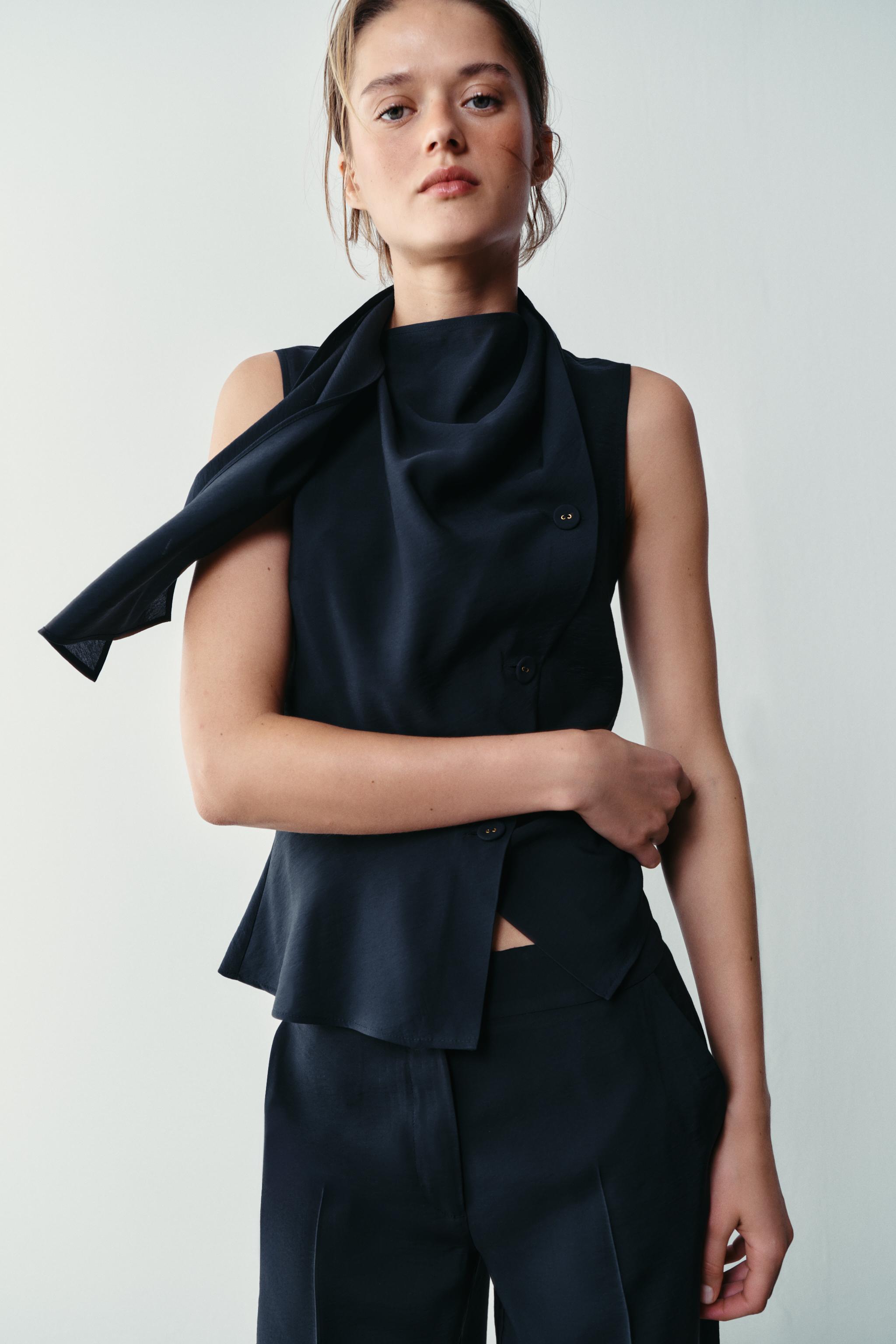 SCARF PEPLUM TOP — Navy blue