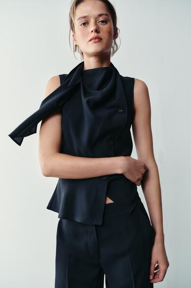 Zara SCARF PEPLUM TOP - Navy blue