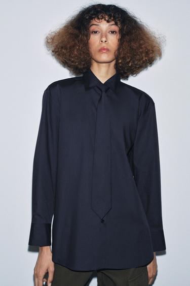 ZW COLLECTION POPLIN SHIRT WITH TIE - Navy blue by Zara - Image 1