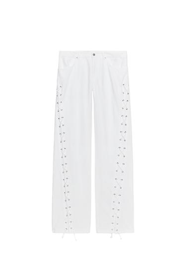 JEAN DROIT À LACETS DENIM TRF TAILLE MI-HAUTE - Blanc de Zara
