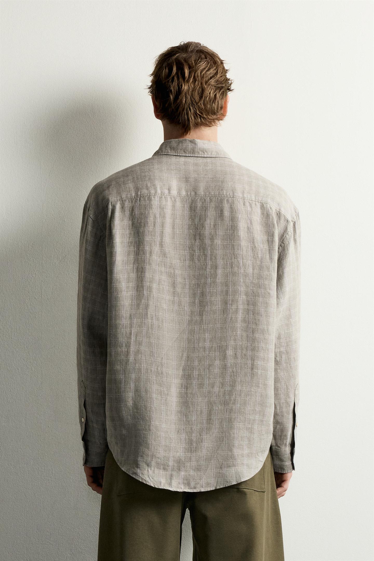 Мужская рубашка Zara 100% Linen Checked, цвет: Серый зелёный — фото 3