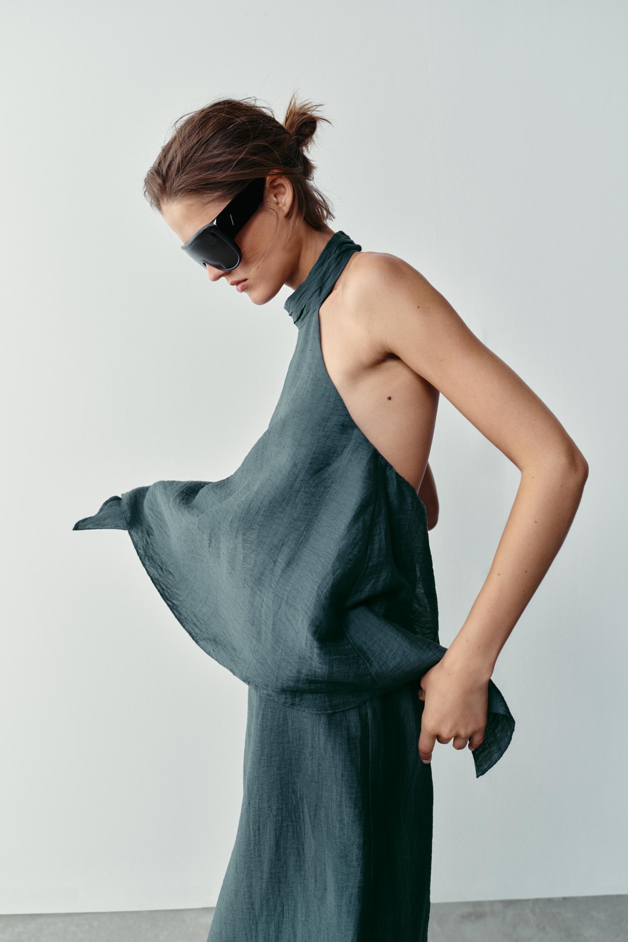 Zara Keten Halter Yaka Midi Elbise görsel 3