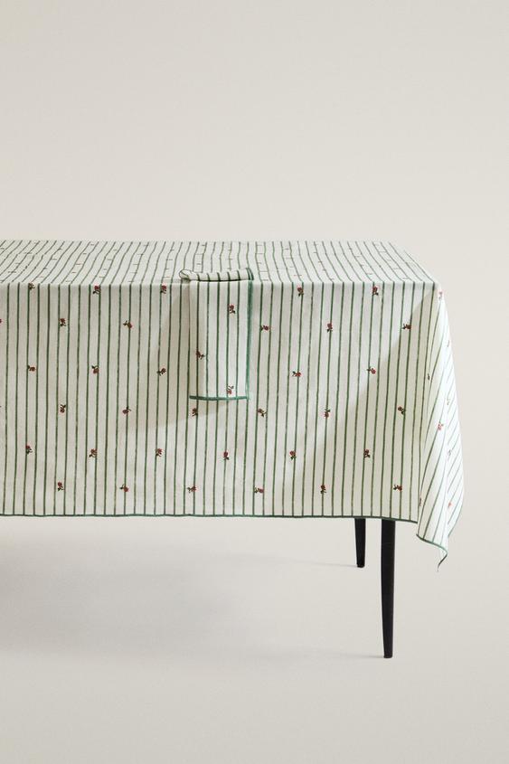 STRIPED TABLECLOTH WITH FLORAL EMBROIDERY - Green by Zara - Image 0