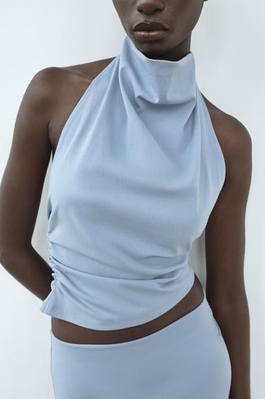 Zara STRETCH HALTER TOP - Light blue