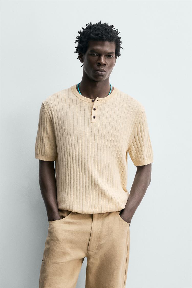 ZARA KNIT RIBBED HENLEY COTTON - LINEN T-SHIRT