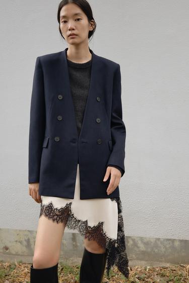 ノーカラーブレザーネイビーブルーZaraのノーカラーブレザー - ネイビーブルー