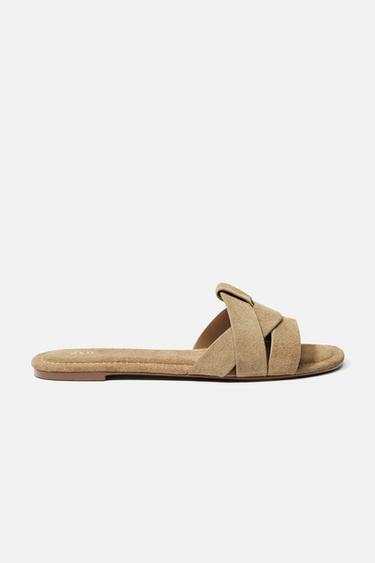 Zara FLAT SUEDE CROSSED SANDALS - Brown