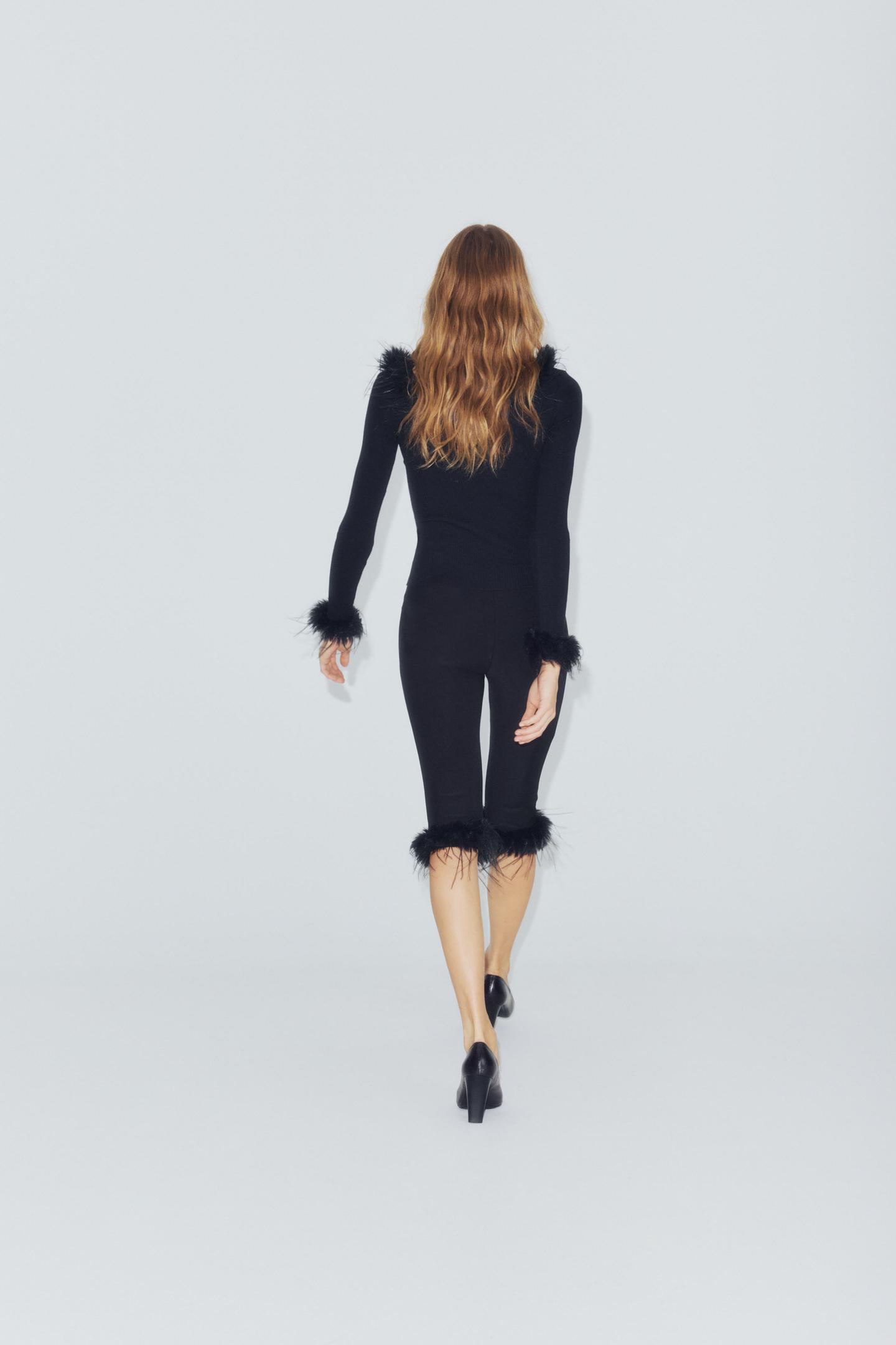 Женские брюки Zara Faux Fur Effect Combined Capri, цвет: Чёрный — фото 5