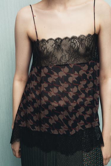 TOP IMPRIMÉ 100% VISCOSE ET DENTELLE - bleu marine de Zara