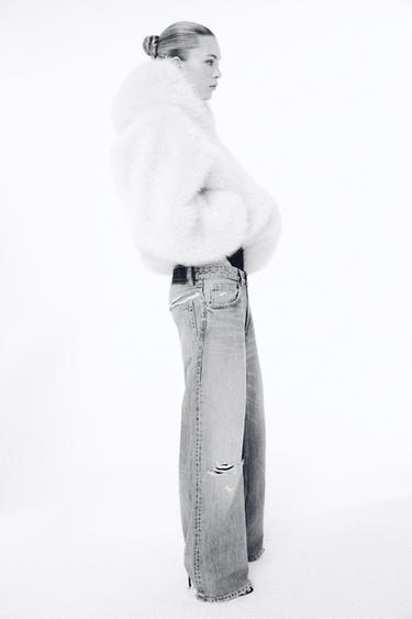 Zara SHORT FAUX FUR HOODIE COAT - Light beige