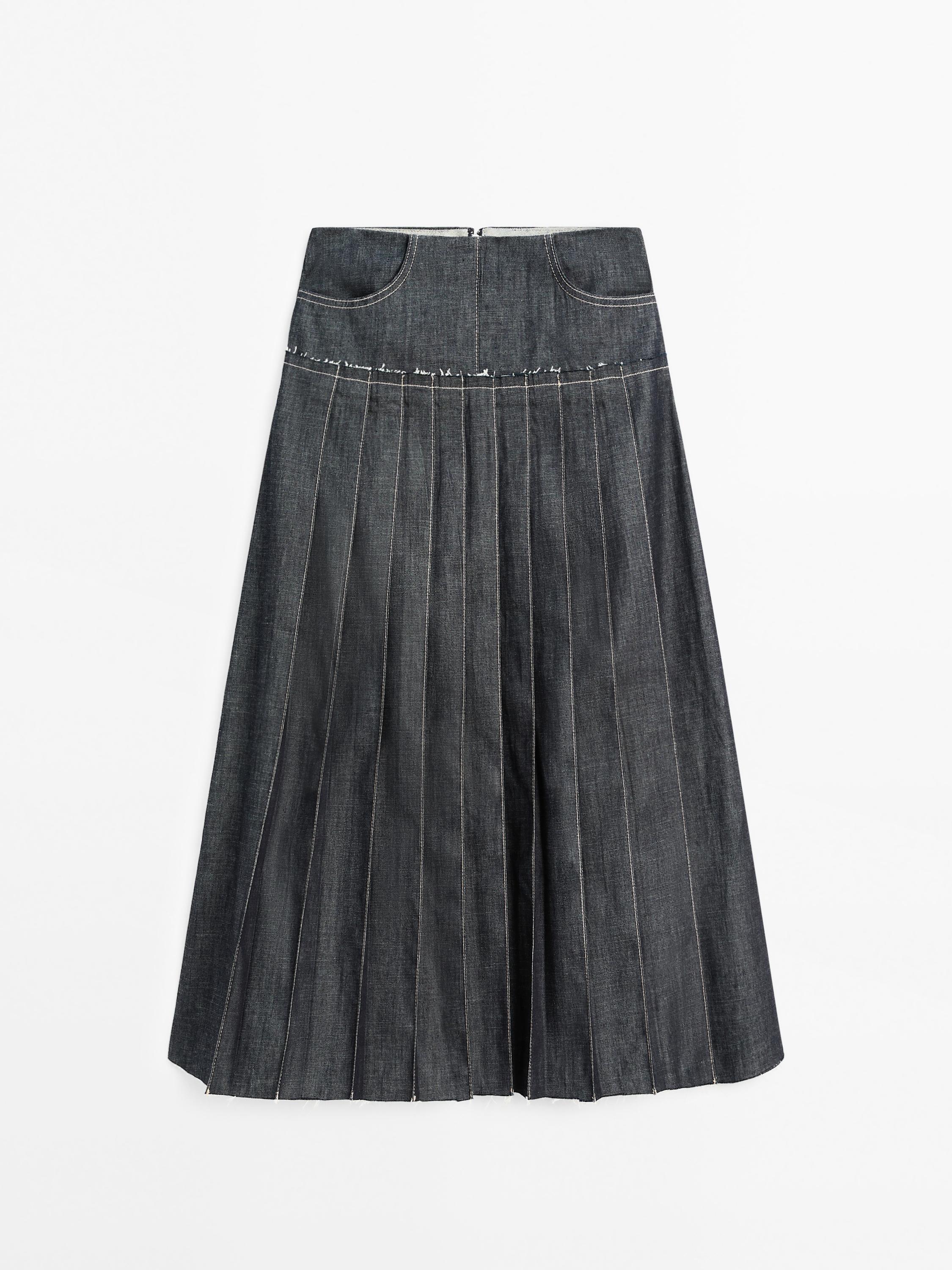Denim midi skirt with box pleats