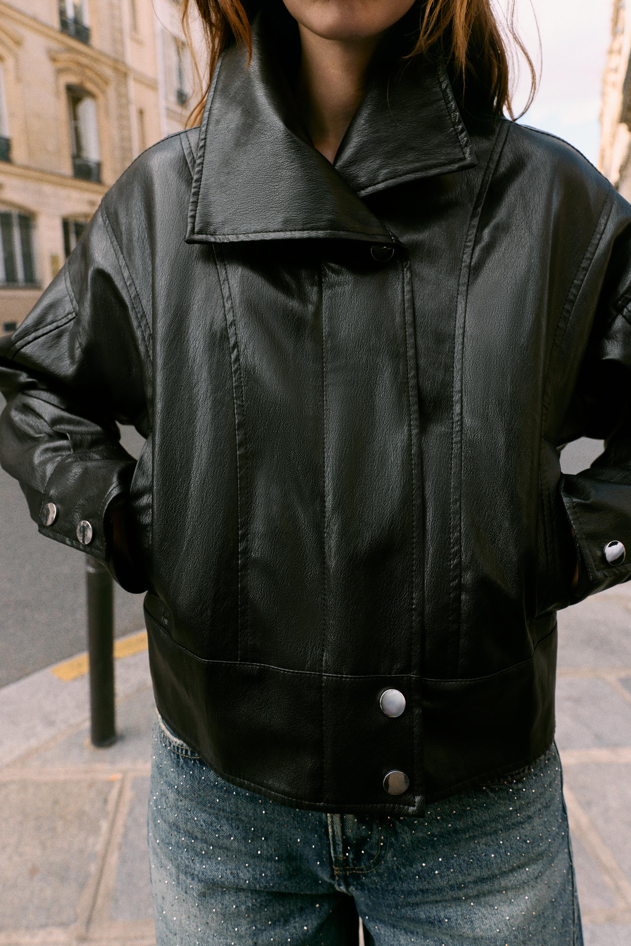 FAUX LEATHER JACKET WITH BACK PLEATS