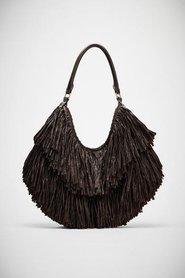 Zara FRINGE TOTE BAG - Chocolate