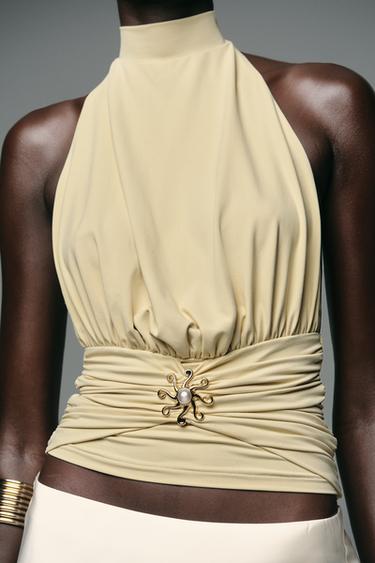 Zara RUCHED POLYAMIDE SUN TOP - Yellow
