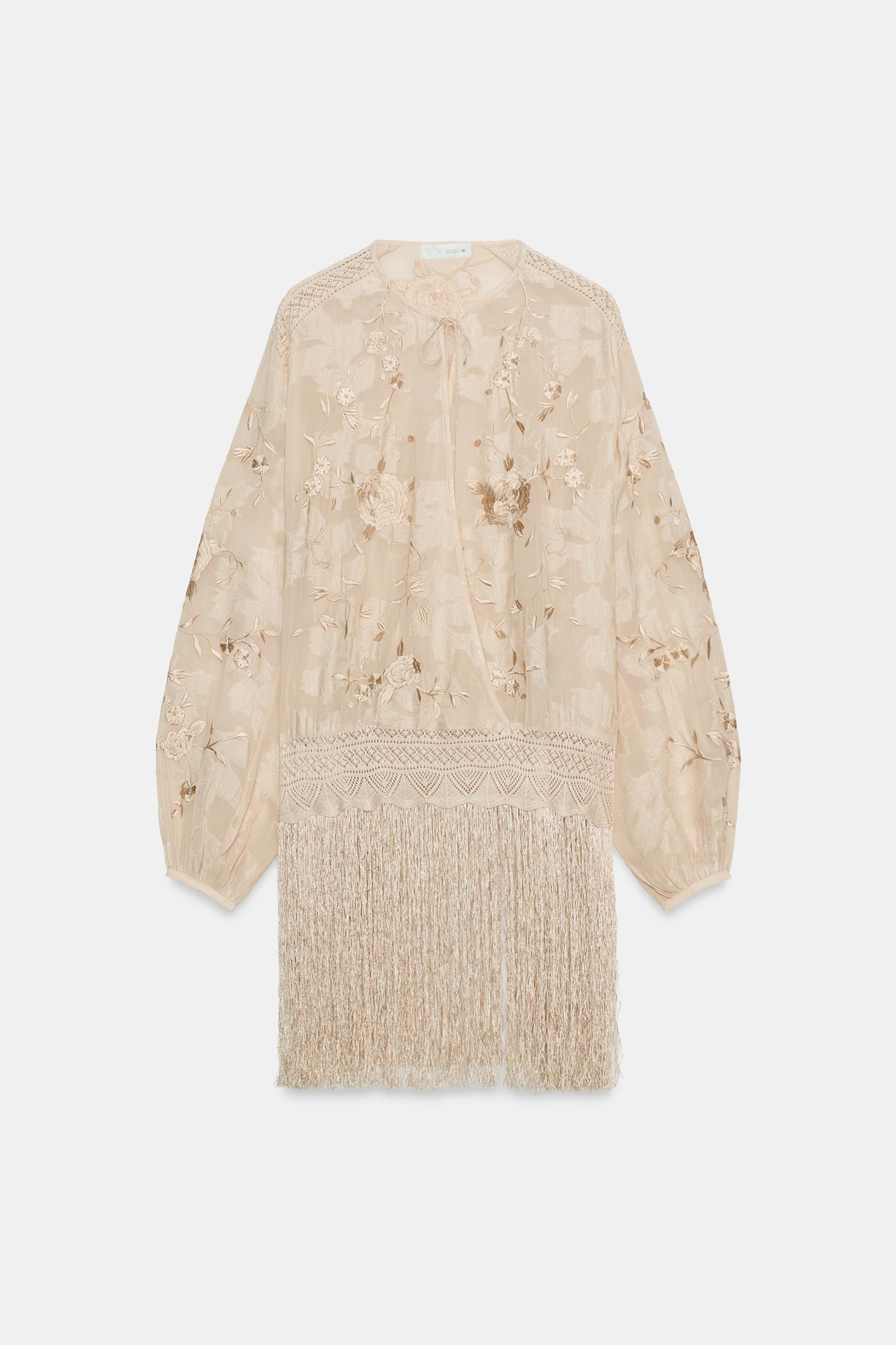 ZW COLLECTION EMBROIDERED FRINGE BLOUSE - Ecru / Beige | ZARA