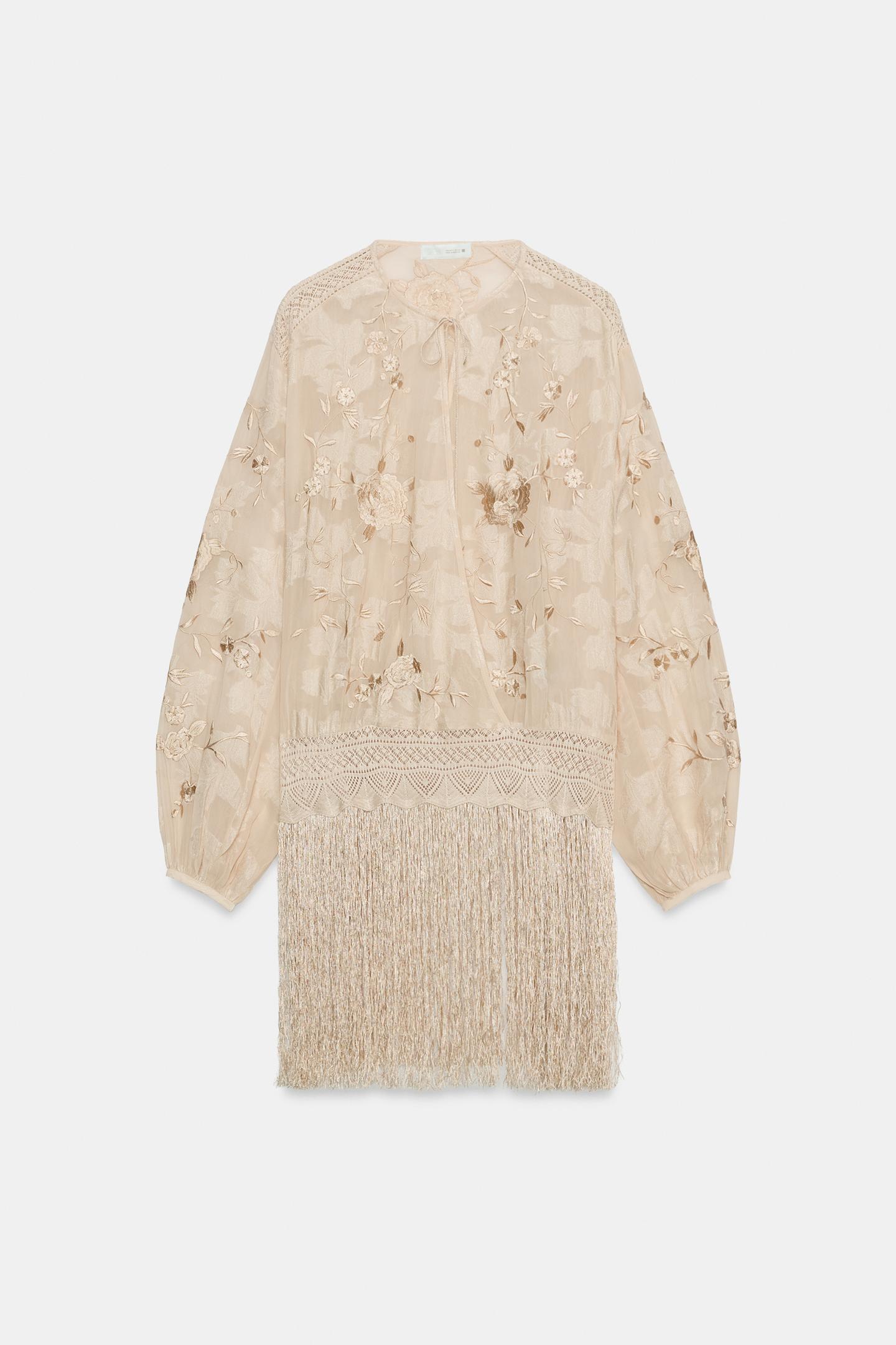 Женская блузка Zara ZW Collection Embroidered Fringe Blouse, цвет: Экрю / Бежевый — фото 8