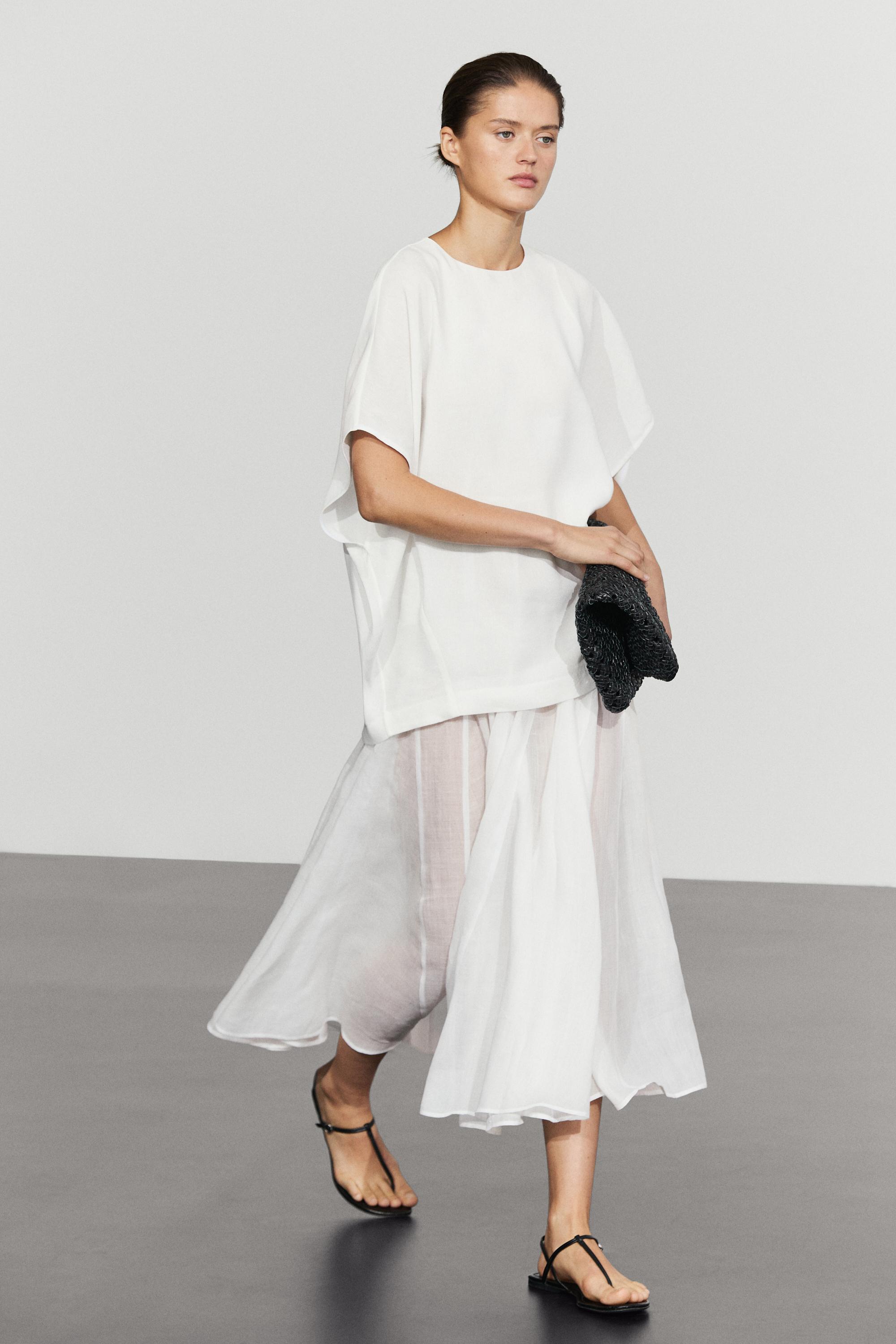 Combined linen-blend dress — White